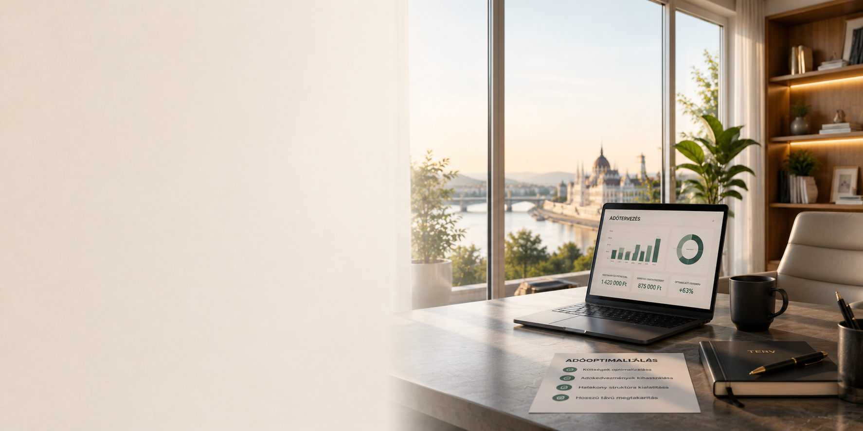 Laptop adótervezési dashboarddal egy budapesti irodában, az adóoptimalizálási tanácsadás inspirációja